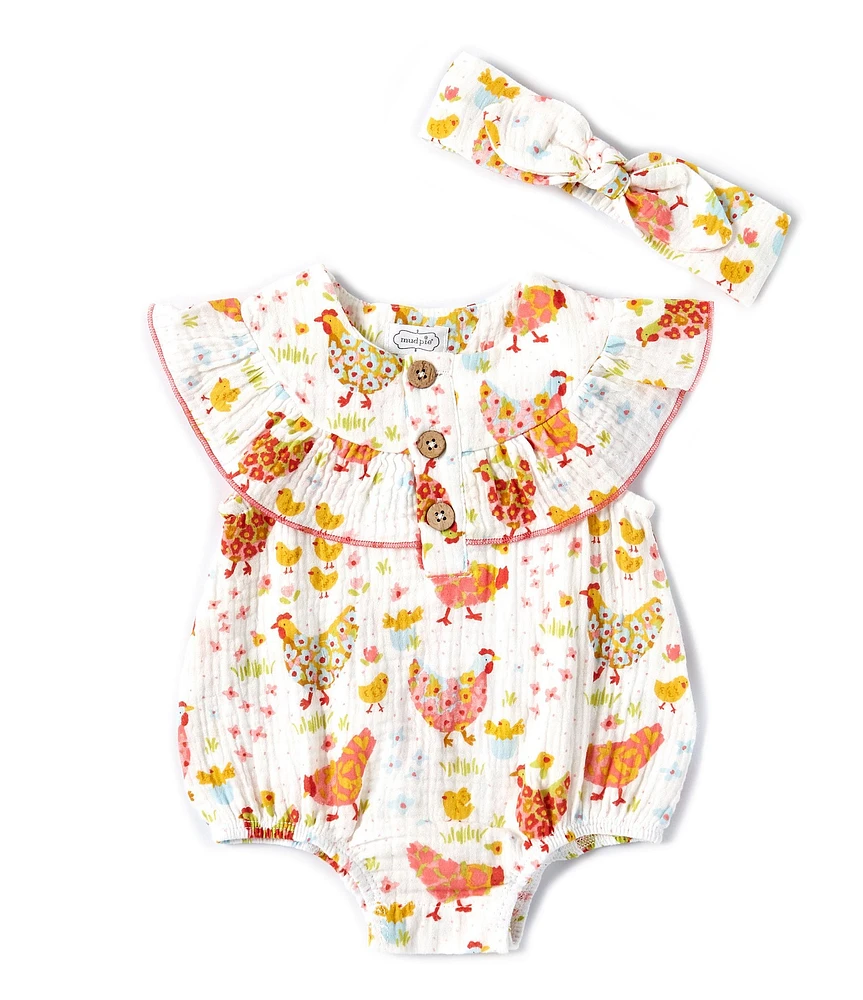 Mud Pie Baby Girls Newborn-9 Months Flutter-Sleeve Floral/Chicken-Printed Bubble Romper