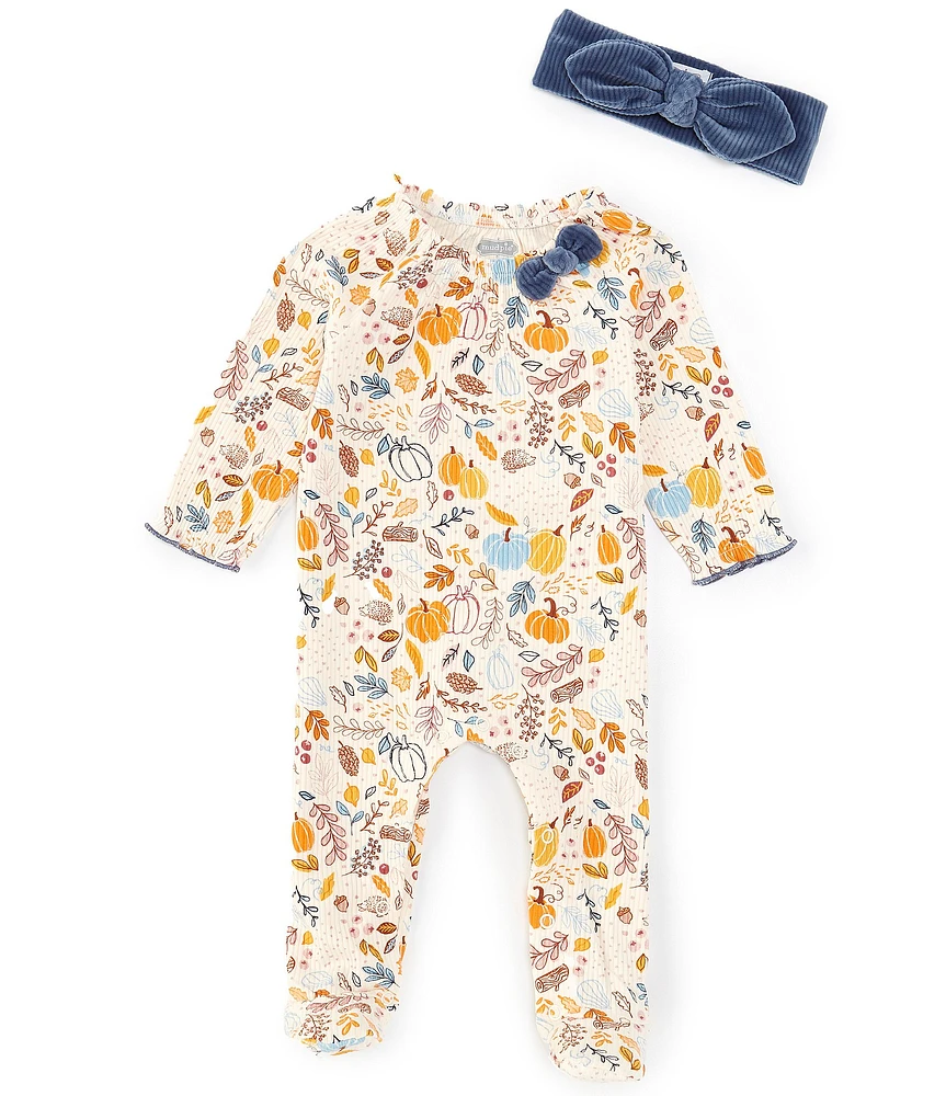 Mud Pie Baby Girls Newborn-9 Months Long-Sleeve Floral/Pumpkin-Printed Footie Coverall