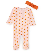 Mud Pie Baby Girls Newborn-9 Months Long Sleeve Glow-In-The-Dark Candy Corn Footed Coverall