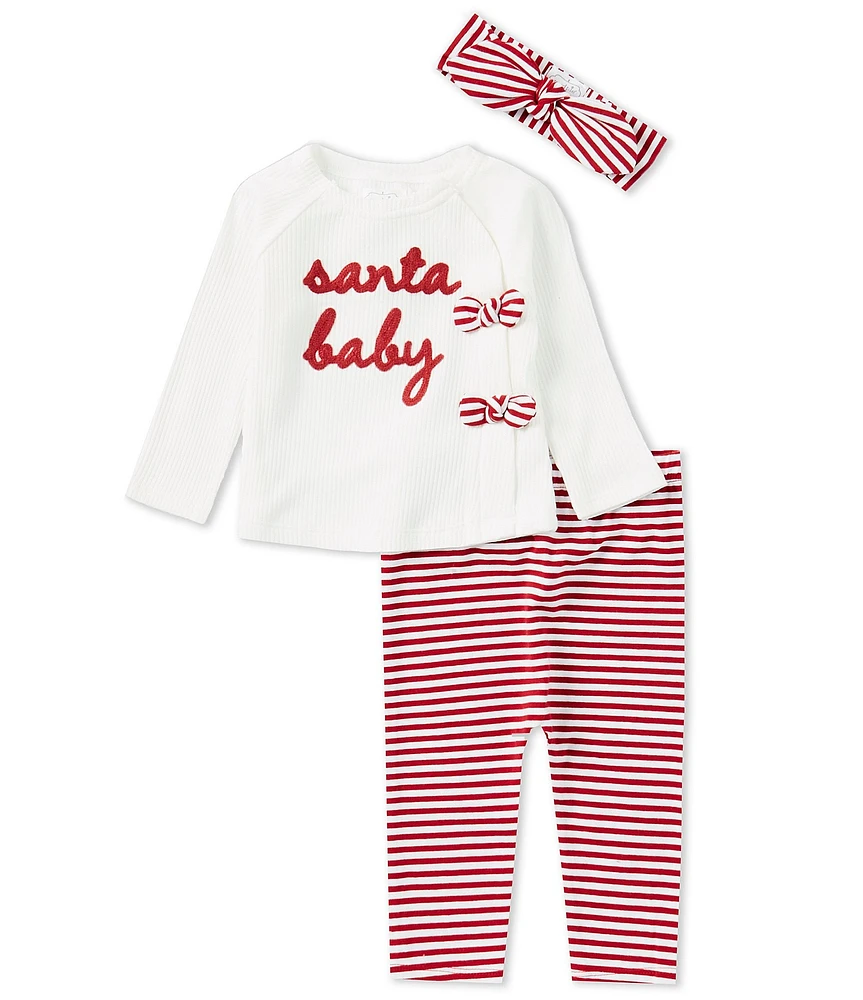 Mud Pie Baby Girls Newborn-9 Months Long Sleeve Santa Baby Kimono Top & Striped Leggings Set