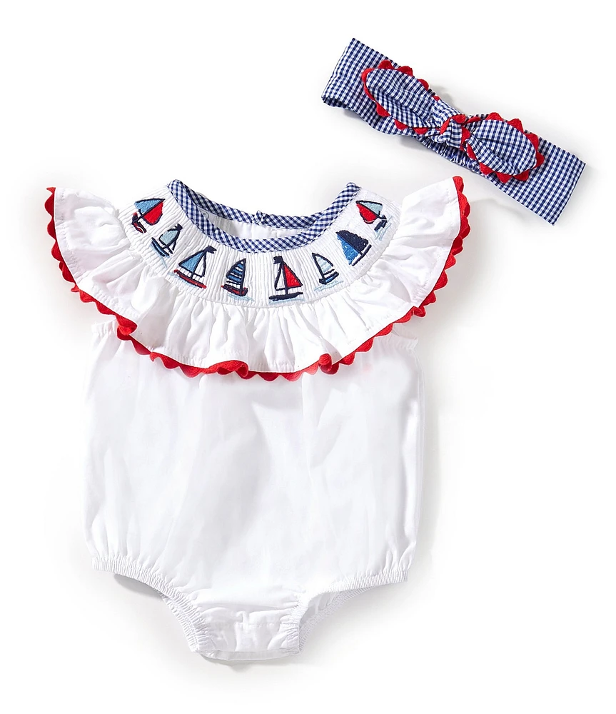 Mud Pie Baby Girls Newborn-9 Months Sleeveless Sailboat-Appliqued Ricrac-Trimmed Bodysuit