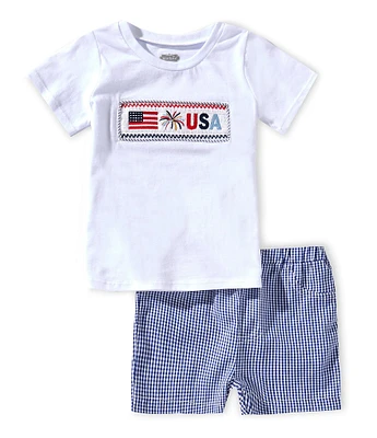 Mud Pie Baby/Little Boys 12 Months-5 Short-Sleeve Americana Embroidered Smocked T-Shirt & Gingham-Checked Shorts Set