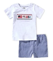 Mud Pie Baby/Little Boys 12 Months-5 Short-Sleeve Americana Embroidered Smocked T-Shirt & Gingham-Checked Shorts Set