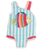 Mud Pie Baby/Little Girls 12 Months-5T Glitter-Accented Fish-Appliqued Striped One-Piece Swimsuit