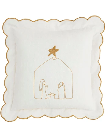 Mud Pie Holiday Collection Embroidered Gold Scalloped Nativity Pillow