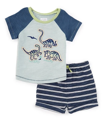 Mud Pie Little Boys 2T-5 Raglan-Sleeve Dinosaur-Appliqued Color Block T-Shirt & Striped Short Set