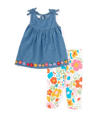 Mud Pie Little Girls 2T-5T Sleeveless Floral Embroidered-Border Hem Denim Tunic & Floral-Printed Capri Leggings Set