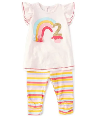 Mud Pie Little Girls 2T Flutter-Sleeve 2nd Birthday Tunic & Striped Leggings Set