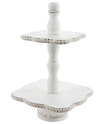 Mud Pie Mango Wood White Beaded 2-Tiered Server