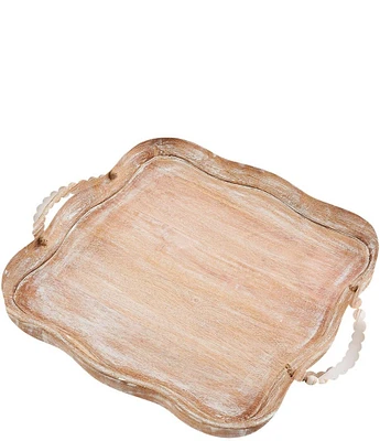 Mud Pie Scalloped Rustic Handled Beaded Wood Tray