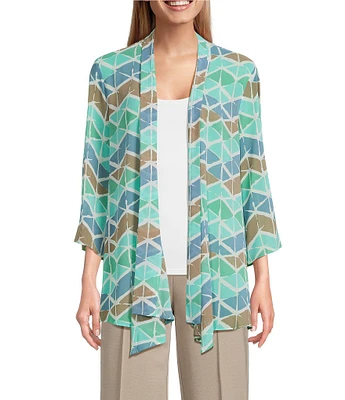 Multiple Georgette Printed 3/4 Sleeve Drapey Open-Front Jacket