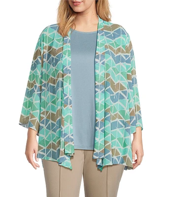 Multiple Plus Size Georgette Printed 3/4 Sleeve Drapey Open-Front Jacket