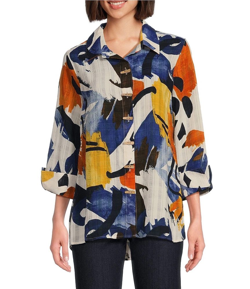 Multiples Abstract Print Point Collar 3/4 Turn Up Cuff Sleeve Button-Front Hi-Low Shirt