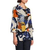 Multiples Abstract Print Point Collar 3/4 Turn Up Cuff Sleeve Button-Front Hi-Low Shirt