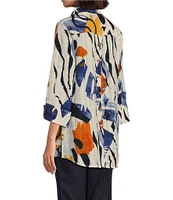 Multiples Abstract Print Point Collar 3/4 Turn Up Cuff Sleeve Button-Front Hi-Low Shirt