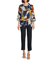 Multiples Abstract Print Point Collar 3/4 Turn Up Cuff Sleeve Button-Front Hi-Low Shirt