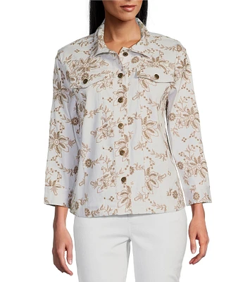 Multiples Allover Embroidery Point Collar 3/4 Sleeve Button-Front Twill Jacket
