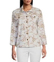 Multiples Allover Embroidery Point Collar 3/4 Sleeve Button-Front Twill Jacket