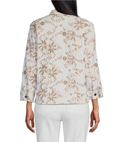 Multiples Allover Embroidery Point Collar 3/4 Sleeve Button-Front Twill Jacket