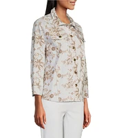 Multiples Allover Embroidery Point Collar 3/4 Sleeve Button-Front Twill Jacket