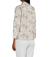 Multiples Allover Embroidery Point Collar 3/4 Sleeve Button-Front Twill Jacket