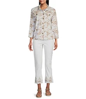 Multiples Allover Embroidery Point Collar 3/4 Sleeve Button-Front Twill Jacket