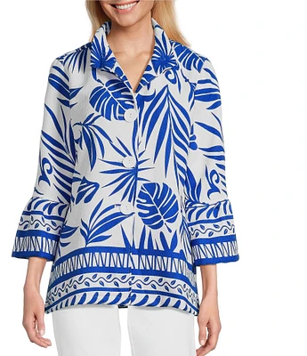 Multiples Bark Cloth Border Print Wire Collar 3/4 Sleeve Fitted Button Front Top