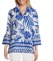 Multiples Bark Cloth Border Print Wire Collar 3/4 Sleeve Fitted Button Front Top