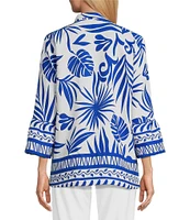 Multiples Bark Cloth Border Print Wire Collar 3/4 Sleeve Fitted Button Front Top
