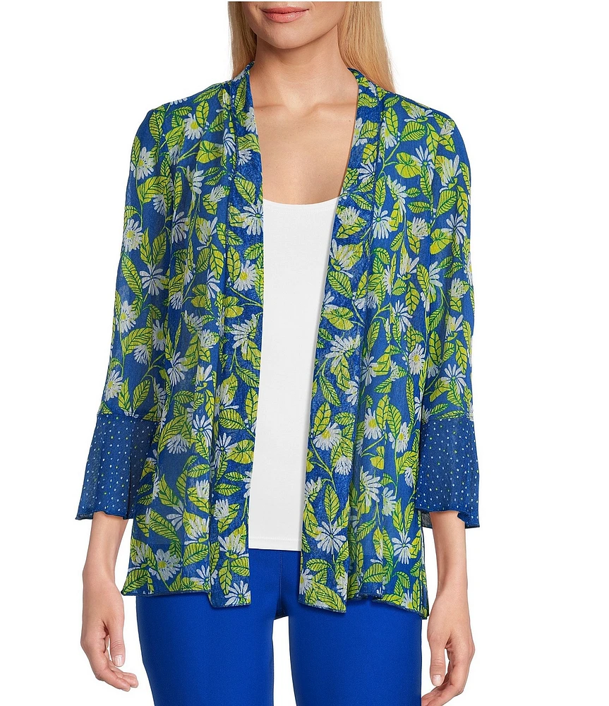 Multiples Blue Print Onionskin Shawl Neck 3/4 Flounce Sleeve Open-Front Jacket