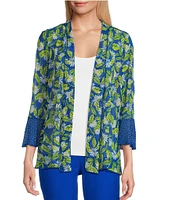 Multiples Blue Print Onionskin Shawl Neck 3/4 Flounce Sleeve Open-Front Jacket