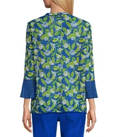 Multiples Blue Print Onionskin Shawl Neck 3/4 Flounce Sleeve Open-Front Jacket