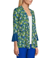 Multiples Blue Print Onionskin Shawl Neck 3/4 Flounce Sleeve Open-Front Jacket