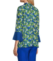 Multiples Blue Print Onionskin Shawl Neck 3/4 Flounce Sleeve Open-Front Jacket