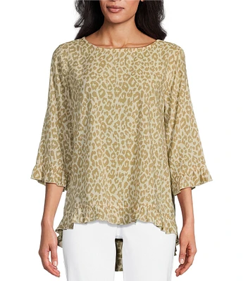 Multiples Crinkle Woven Leopard Print Scoop Neck 3/4 Sleeve Ruffled Fitted Top