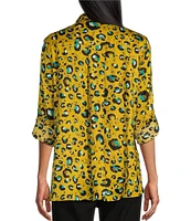 Multiples Crinkle Woven Print Wire Collar Long Rolled-Tab Sleeve Button Front Shirt