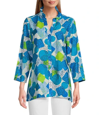 Multiples Crinkle Woven Printed Collared V-Neck 3/4 Sleeve Button-Front Shirt