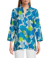 Multiples Crinkle Woven Printed Collared V-Neck 3/4 Sleeve Button-Front Shirt