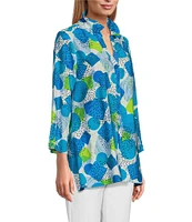 Multiples Crinkle Woven Printed Collared V-Neck 3/4 Sleeve Button-Front Shirt