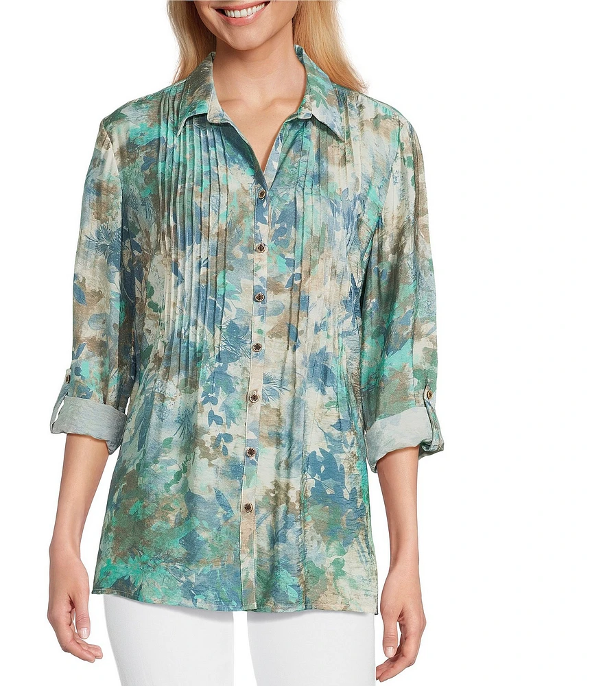 Multiples Crinkle Woven Printed Point Collar 3/4 Cinched Roll Tab Cuff Sleeve Button Front Shirt