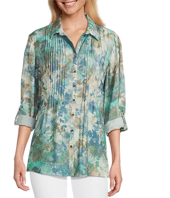 Multiples Crinkle Woven Printed Point Collar 3/4 Cinched Roll Tab Cuff Sleeve Button Front Shirt