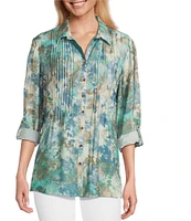 Multiples Crinkle Woven Printed Point Collar 3/4 Cinched Roll Tab Cuff Sleeve Button Front Shirt