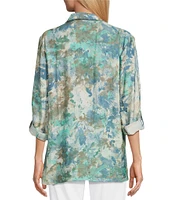 Multiples Crinkle Woven Printed Point Collar 3/4 Cinched Roll Tab Cuff Sleeve Button Front Shirt