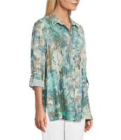 Multiples Crinkle Woven Printed Point Collar 3/4 Cinched Roll Tab Cuff Sleeve Button Front Shirt
