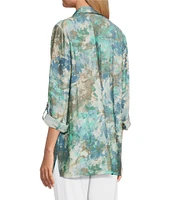 Multiples Crinkle Woven Printed Point Collar 3/4 Cinched Roll Tab Cuff Sleeve Button Front Shirt