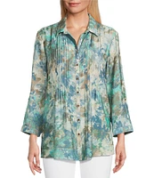 Multiples Crinkle Woven Printed Point Collar 3/4 Cinched Roll Tab Cuff Sleeve Button Front Shirt