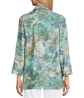 Multiples Crinkle Woven Printed Point Collar 3/4 Cinched Roll Tab Cuff Sleeve Button Front Shirt