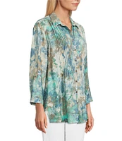 Multiples Crinkle Woven Printed Point Collar 3/4 Cinched Roll Tab Cuff Sleeve Button Front Shirt