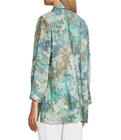 Multiples Crinkle Woven Printed Point Collar 3/4 Cinched Roll Tab Cuff Sleeve Button Front Shirt