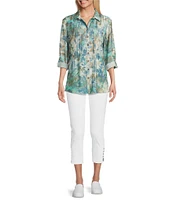 Multiples Crinkle Woven Printed Point Collar 3/4 Cinched Roll Tab Cuff Sleeve Button Front Shirt